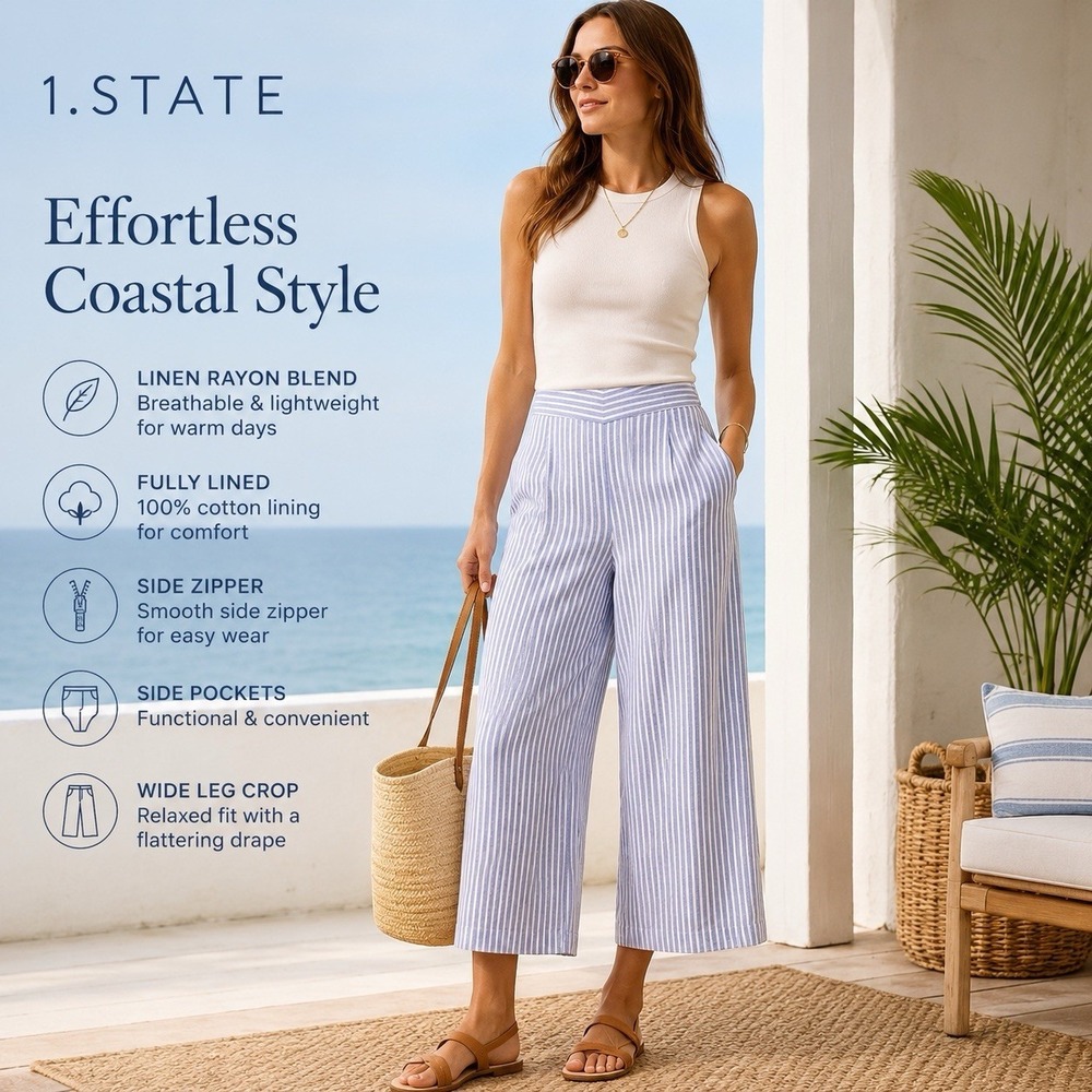 Title:‎ 1.State XL Blue White Stripe Linen Rayon Wide Leg Crop Pants Lined NWT